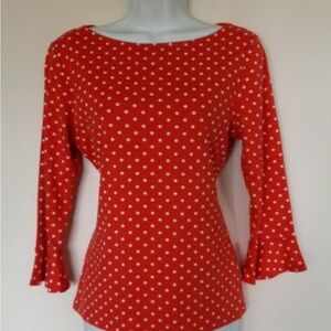 LAUREN RALPH LAUREN Orange/White Polka Dot Top Ruffle Cuffs boat neck Size M